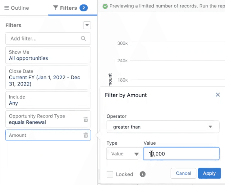 An example of field logic, where you select your operator and value to filter data further.