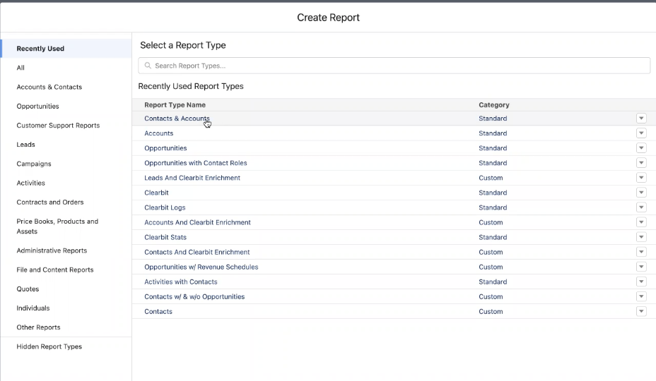 Salesforce’s Select a Report Type screen to select a report