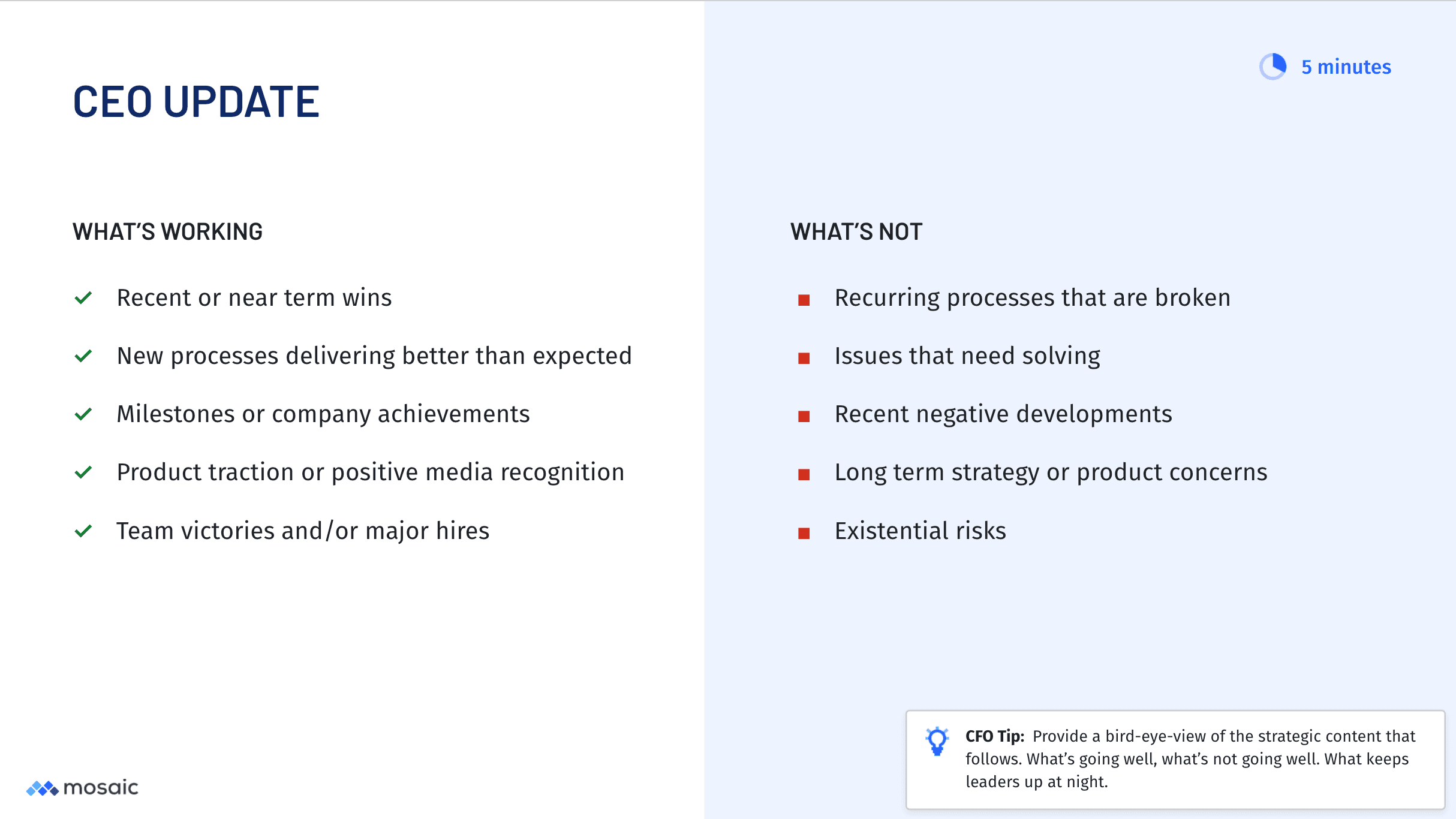 Sample CEO update slide from Mosaic board deck template