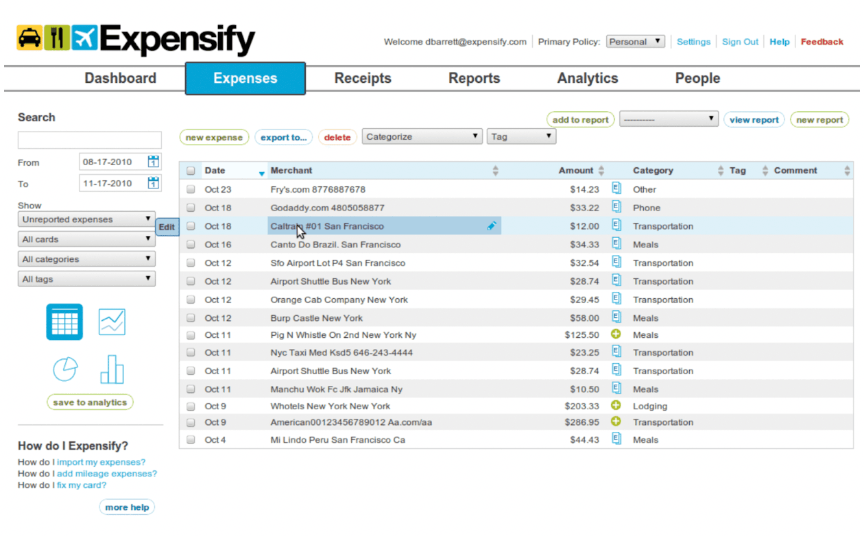 Expensify Expenses Dashboard