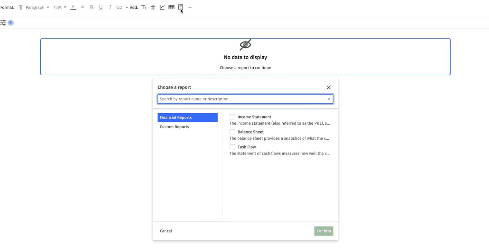 Selection Menu for creating a financial report from an existing report in Mosaic