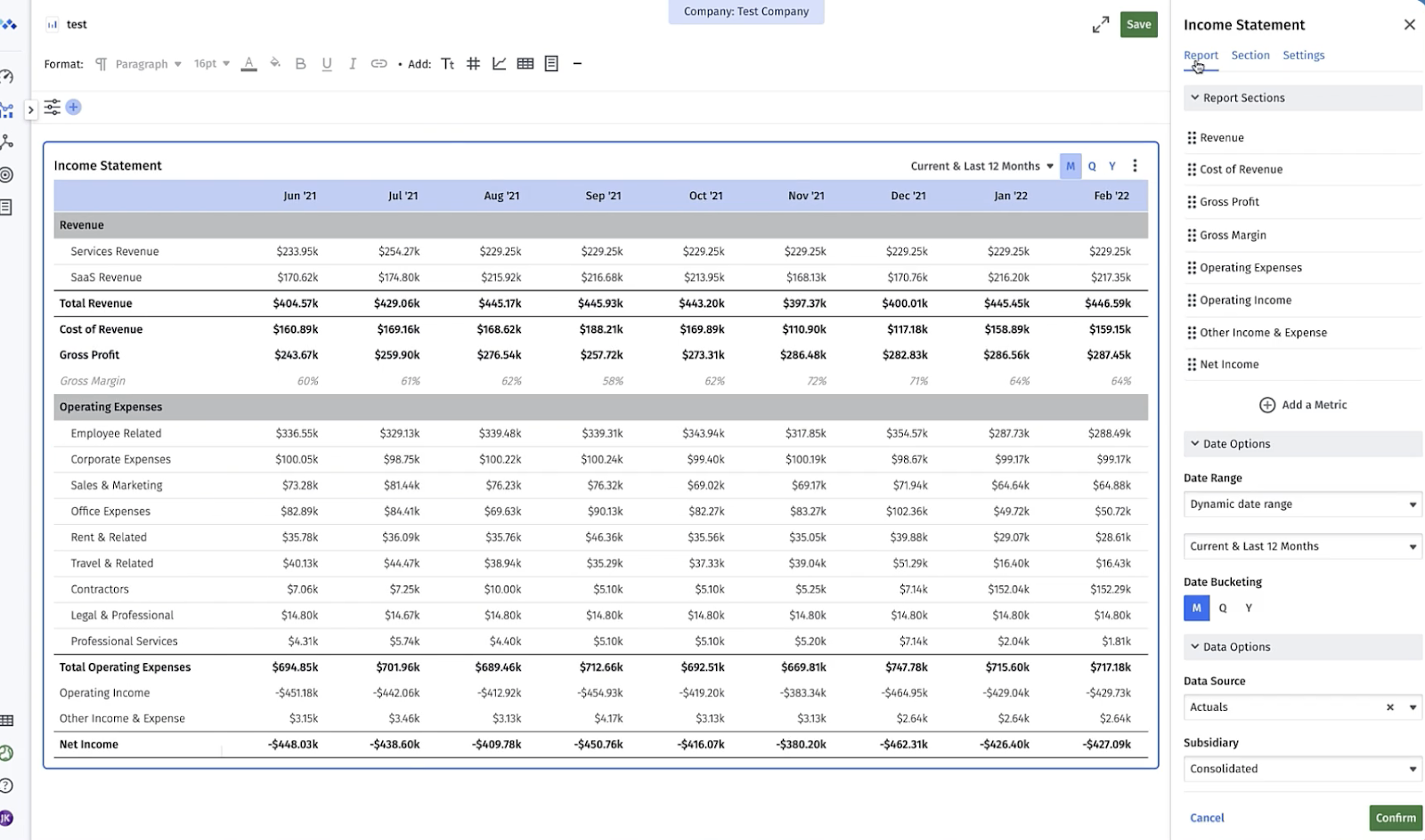Reports, Sections, and Settings tabs customers can configure as part of custom report building in Mosaic.