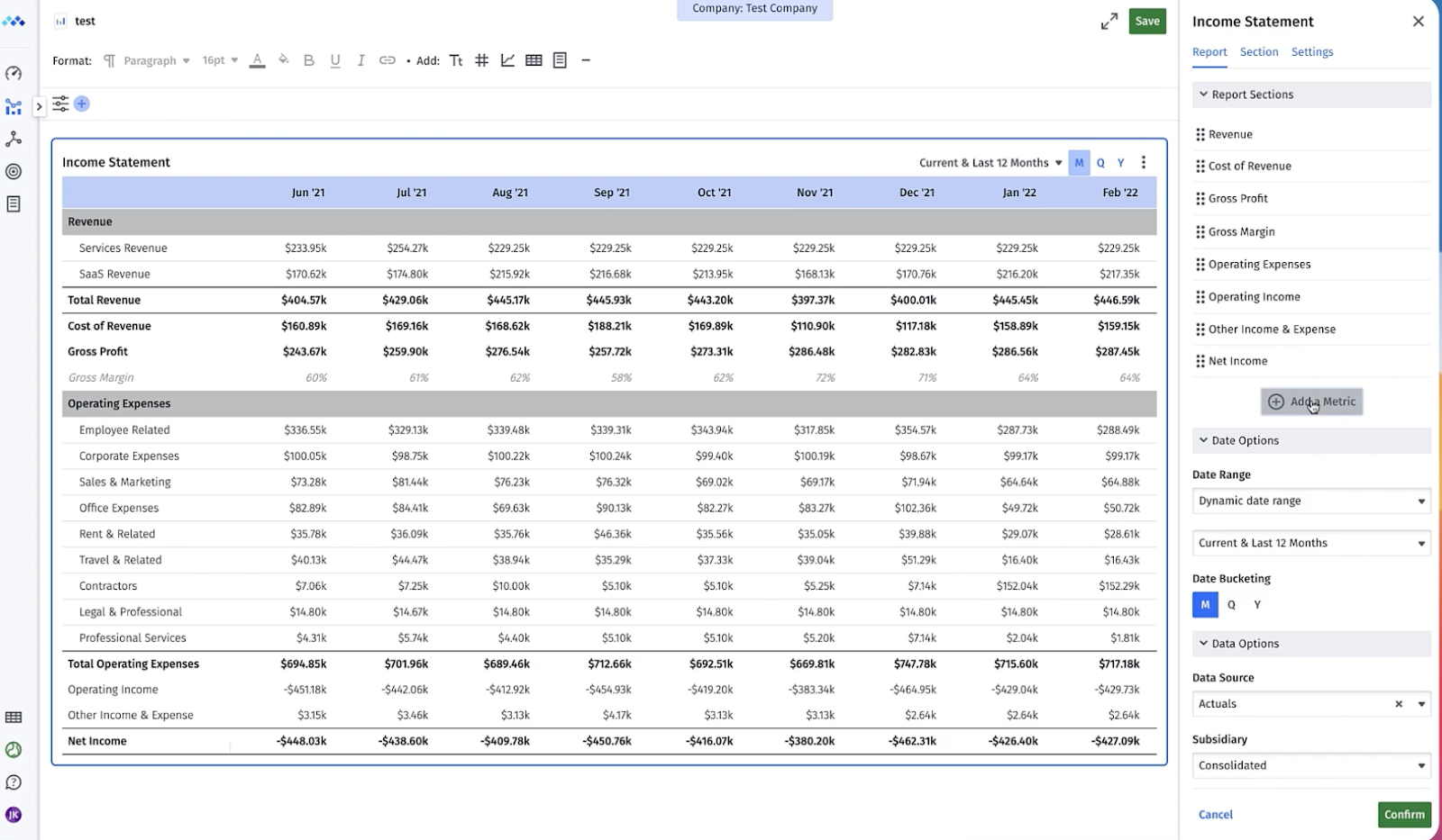Select the “Add a Metric” button to add metrics to reports in Mosaic.