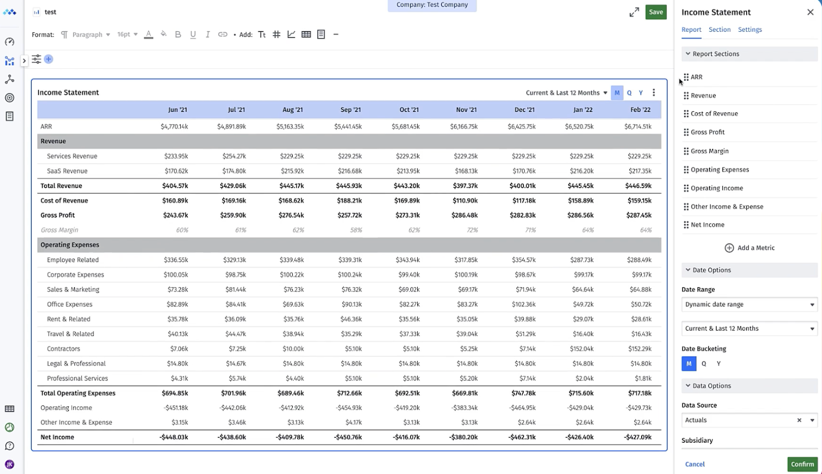 ARR metric pulled above the Revenue line of an income statement in Mosaic.
