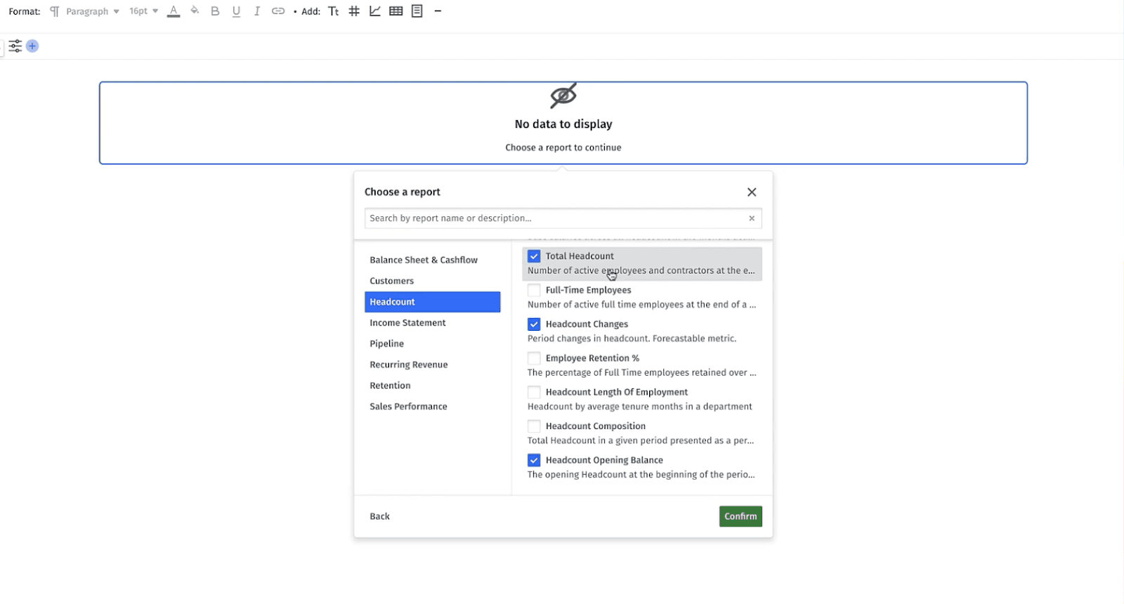 Selecting metrics to use in a custom report in Mosaic.