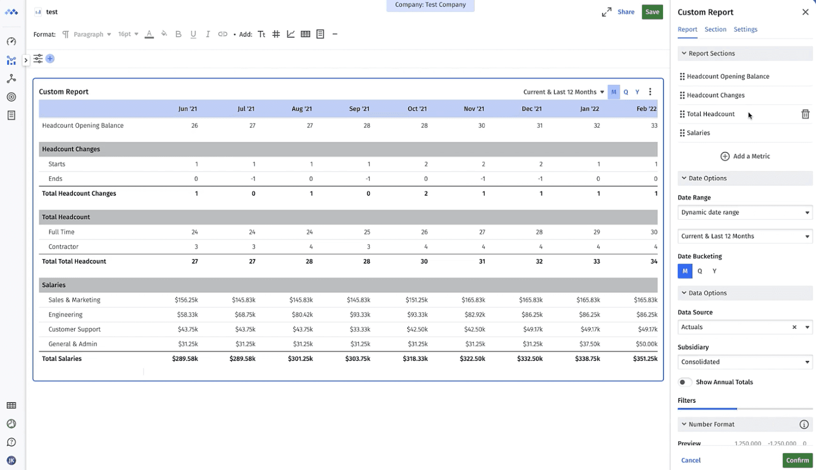 Configuration settings for a custom-built report in Mosaic.