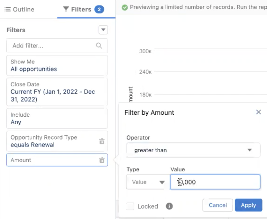 An example of field logic, where you select your operator and value to filter data further.