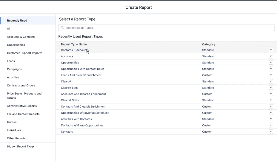 Salesforce’s Select a Report Type screen to select a report