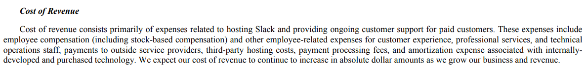 Slack’s 2022 Q1 financial statements show what costs are included in the cost of revenue. Courtesy of Slack Technologies.