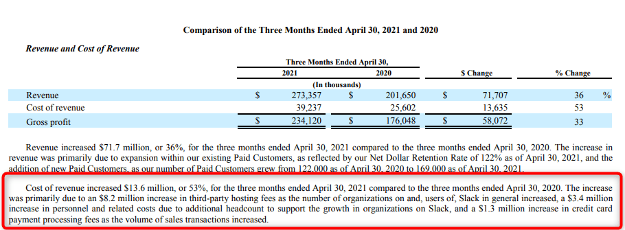 ALT: Slack’s notes in the income statement provide a justification for the increase in cost of revenue. Courtesy of Slack Technologies.