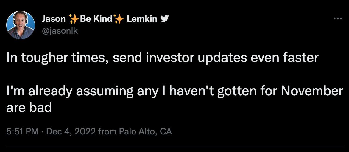 the importance of frequent investor updates according to Jason Lemkin of SaaStr