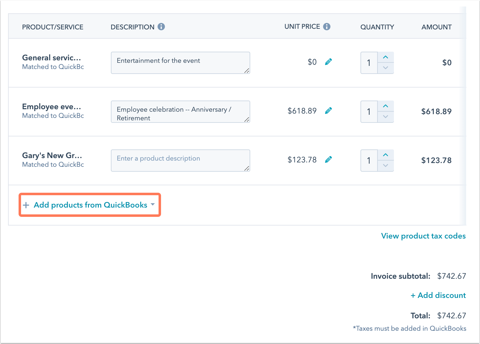 Highlight of the "Add products from QuickBooks" button in HubSpot integration