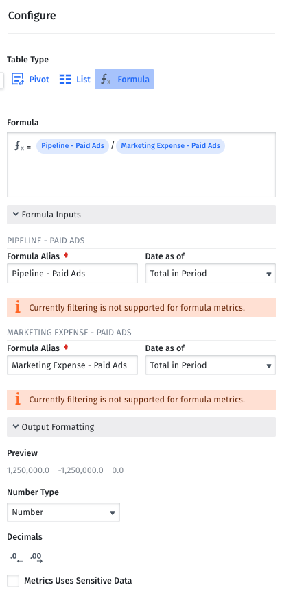 screenshot of Mosaic Metric Builder with formula for return on ad spend