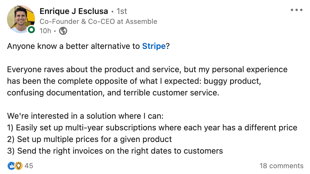 Enrique Esclusa searching for Stripe alternative