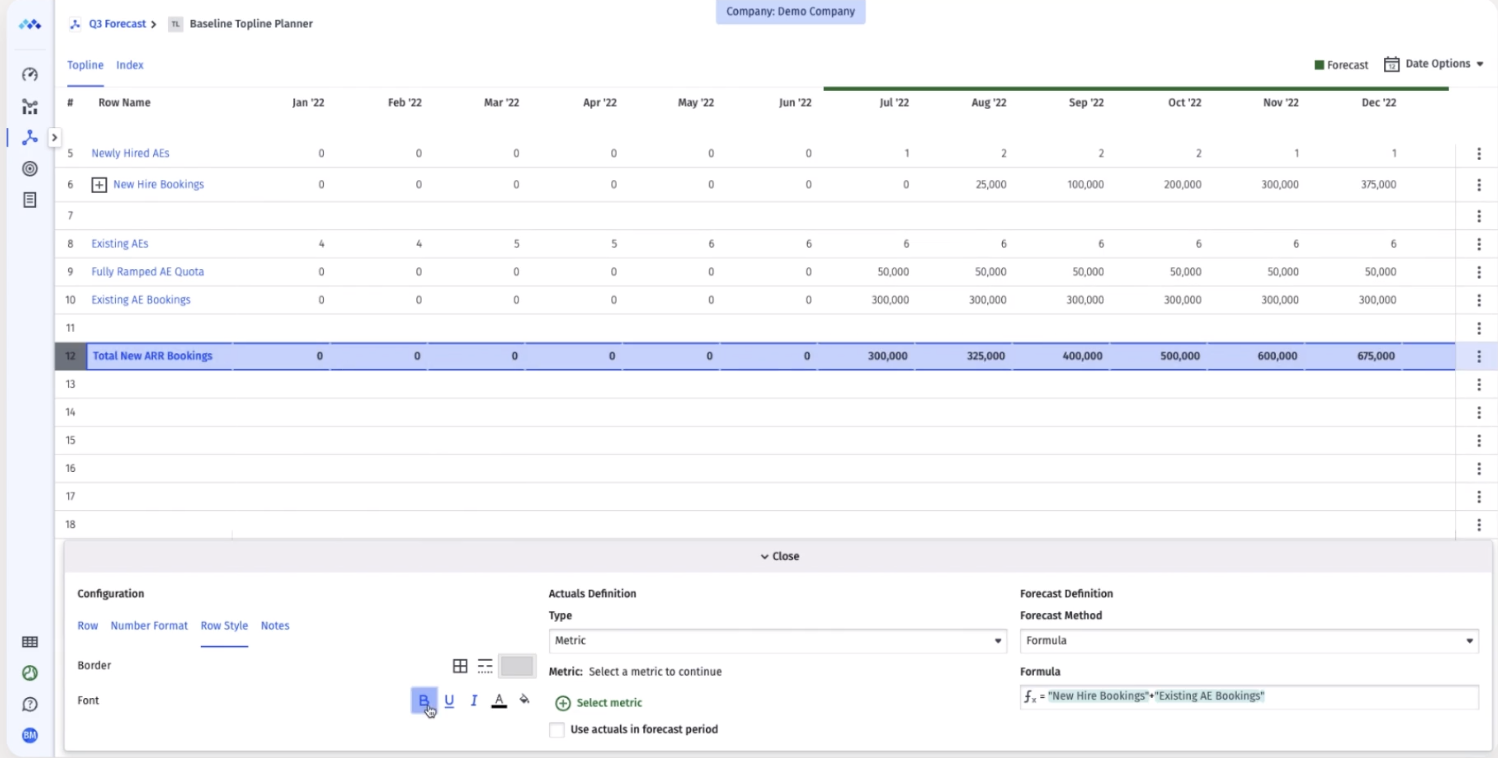 Mosaic Topline Planner dashboard showing an example of forecasting ARR from new bookings.