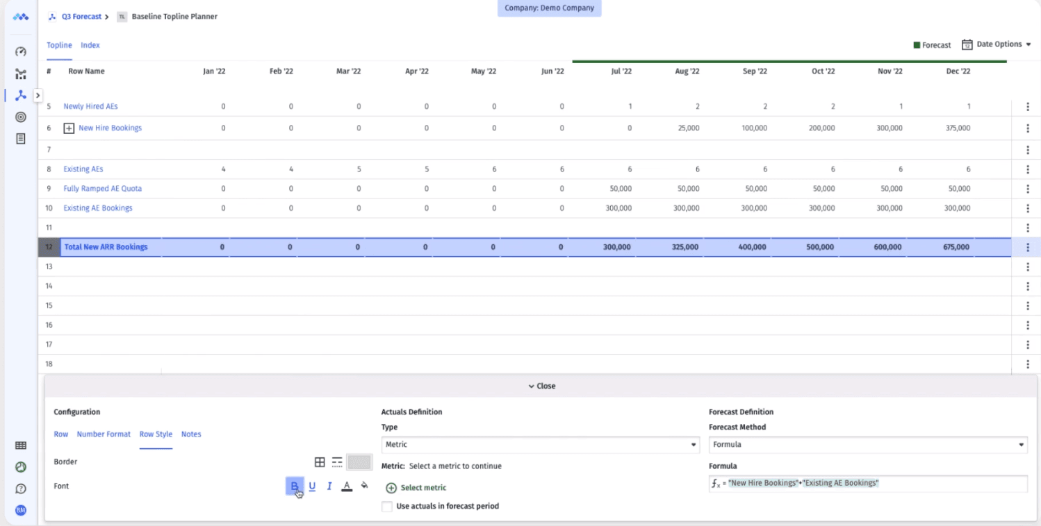 Mosaic Topline Planner dashboard showing an example of forecasting ARR from new bookings.